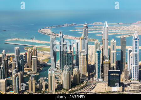 Aerial view of Dubai Marina skyline and Palm Jumeirah, United Arab Emirates Stock Photo