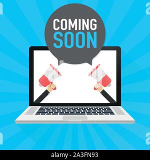 Laptop notebook computer screen. Hand holding megaphone. Coming soon text in speech bubble. Vector stock illustration. Stock Vector