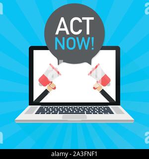 Laptop notebook computer screen. Hand holding megaphone. Act now! text in speech bubble. Vector stock illustration. Stock Vector
