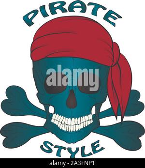 Pirate skull in red bandana and cocked hat with sabers criss-cross on ...