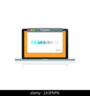 Loading data window with progress bar on laptop screen. Vector stock illustration. Stock Vector