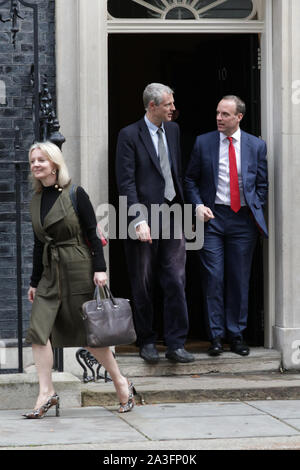 Downing Street, Westminster London, UK. 08th Oct, 2019. Liz Truss, Secretary of State for International Trade, Zac Goldsmith, Minister of State for Environment & International Development, Dominic Raab, Foreign Secretary (left to right). Ministers attend the weekly government Cabinet Meeting in Downing Street this morning. Credit: Imageplotter/Alamy Live News Stock Photo