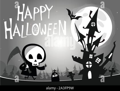 Death with a scythe and haunted house on night background. Vector  illustration. Black and white Stock Vector