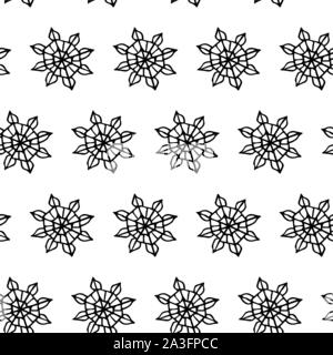 Winter snow flake seamless pattern. Black outline on white background. Picture can be used in christmas and new year greeting cards, posters, flyers, banners, logo etc. Vector illustration. EPS10 Stock Vector