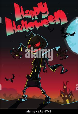 Halloween scary pumpkin head scarecrow. Vector poster for Halloween party Stock Vector