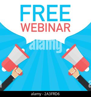 Male hand holding megaphone with Free webinar speech bubble. Banner for business. Vector stock illustration. Stock Vector