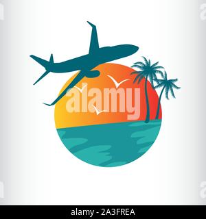 Palm tree icon and plane for summer and travel logo vector illustration design Stock Vector