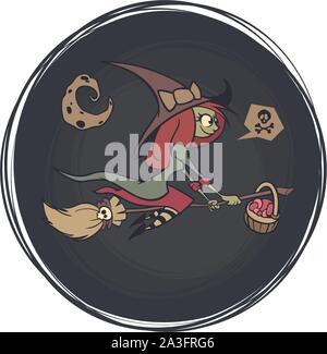 Halloween cute witch flying on her broom on a full moon night. Vector illustration Stock Vector