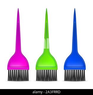 Professional brush for hair color and dye mixing. Brush kit double-sided hair color applicator hair bleach tinting for Salon. Colors-pink, green, blue Stock Vector