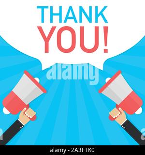 Male hand holding megaphone with Thank you! speech bubble. Banner for business. Vector stock illustration. Stock Vector