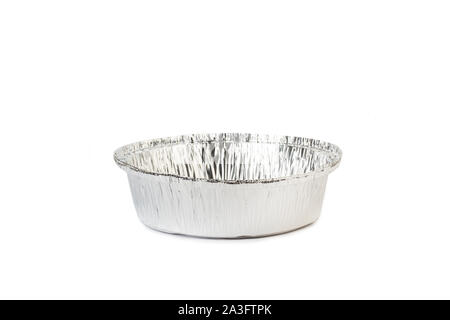 Disposable round aluminium tray on a white background Stock Photo