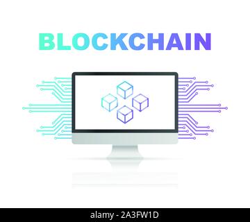 Blockchain icon on computer screen, connected cubes on the display. Symbol of database, data center, cryptocurrency and blockchain. Vector stock illus Stock Vector