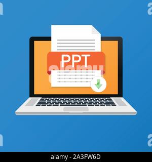 Download PPT button on laptop screen. Downloading document concept. File with PPT label and down arrow sign. Vector stock illustration. Stock Vector