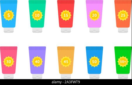 cosmetic tubes of sunscreen with different spf factor Stock Vector