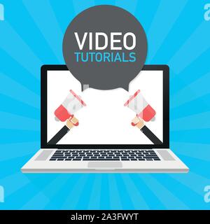 Laptop notebook computer screen. Hand holding megaphone. Video tutorials text in speech bubble. Vector stock illustration. Stock Vector
