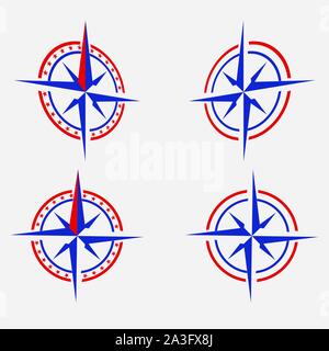 Vector geography science compass sign icon. Compass wind-rose illustration red and blue in flat minimalism style. Stock Vector