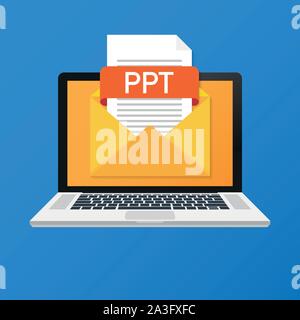 Laptop with envelope and PPT file. Notebook and email with file attachment PPT document. Vector stock illustration. Stock Vector