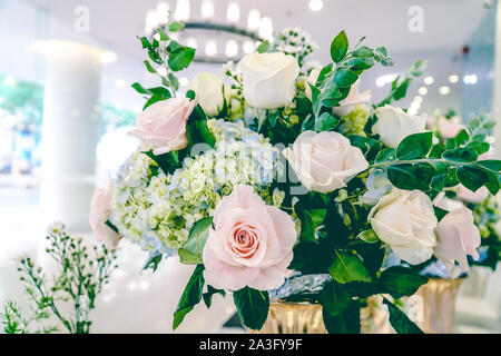 Wedding Welcome table with luxury decoration with rose flower Stock Photo