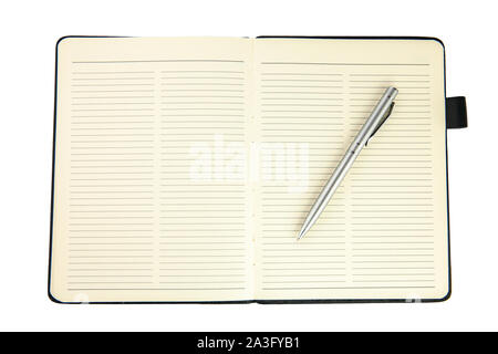 Open agenda with blank pages and a metal pen. Book mockup, diary, note block, diary. Ruled pages. Stock Photo