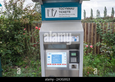 Ticket,machine,Train,Train station,rail,railway,Caersws,is,a,village,on,banks,River Severn,in,the,Welsh,county,of,Powys,Wales,UK,Transport for Wales, Stock Photo