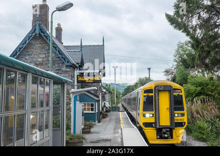 Transport for Wales,Train,platform,Train station,rail,railway,Caersws,is,a,village,on,banks,of,River Severn,in,the,Welsh,county,of,Powys,Wales,UK, Stock Photo