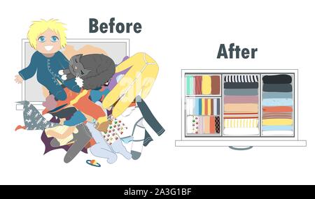 Before and after tidying up baby kids wardrobe in drawer. Messy clothes and nicely arranged clothes in piles. Stock Vector