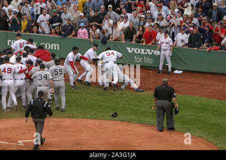 The 2004 Boston Brawl! On July 24, the two American League East rivals engaged in a slugfest ultimately won by Boston, 11-10 -- but this one was much more than a box score. In the 6th inning, Bronson Arroyo drilled Alex Rodriguez in the elbow with a pitch. A-Rod was not thrilled about this. Seconds later, everything happened: Rodriguez took some steps toward the mound until Boston catcher Jason Varitek put himself in his way. They exchanged shouts, and, soon, shoves: Both teams' rosters and bullpens then erupted along the first-base line. Gabe Kapler was glaring. It's hard to say just where th Stock Photo