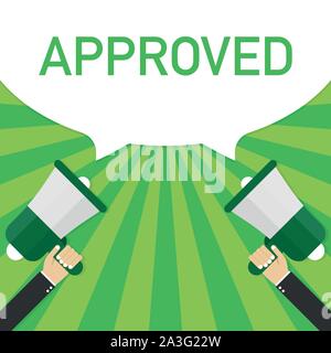Approved. Badge with megaphone icon. Flat vector illustration. Stock Vector