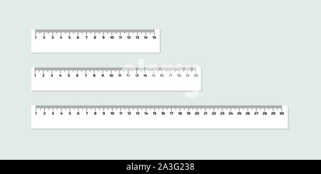 Set of wooden rulers 15, 20 and 30 centimeters with shadows isolated on white. Measuring tool. School supplies Stock Vector