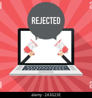 Rejected text on computer. Badge with megaphone icon. Flat vector illustration. Stock Vector