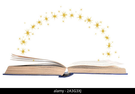 Book with opened pages and stars for imagination isolated on white. Stock Photo