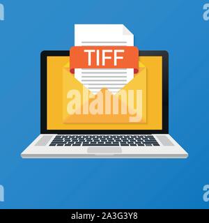 Laptop with envelope and TIFF file. Notebook and email with file attachment TIFF document. Stock Vector