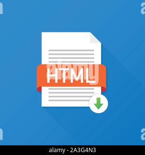 Download HTML button. Downloading document concept. File with HTML label and down arrow sign. Vector stock illustration. Stock Vector