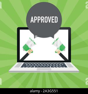 Approved text on computer. Badge with megaphone icon. Flat vector sock illustration. Stock Vector