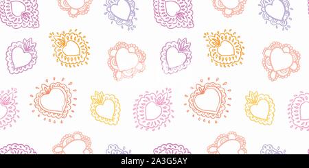 Line art seamless vector folk art burning heart pattern with pastel outline heart in doodle hand drawn style. Cozy and festive design for valentine, wedding, mothers day and your personal sweetheart. Stock Vector