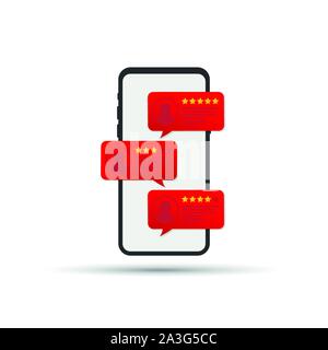 Review rating bubble speeches on mobile phone vector illustration, flat style smartphone reviews stars with good and bad rate and text. Vector stock i Stock Vector