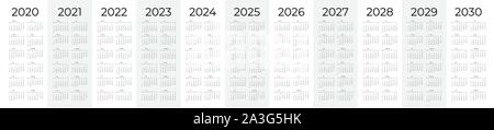 Calendar template set for 2020, 2021, 2022, 2023, 2024, 2025, 2026, 2027, 2028, 2029 and 2030 years. Week starts on Monday. Simple editable vertical v Stock Vector