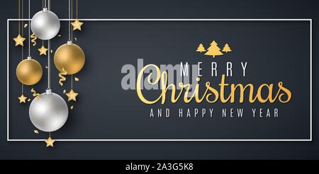 Christmas banner. Hanging golden stars with festive balls on a dark background. Serpentine and confetti. Stylish lettering in frame. Poster for your d Stock Vector
