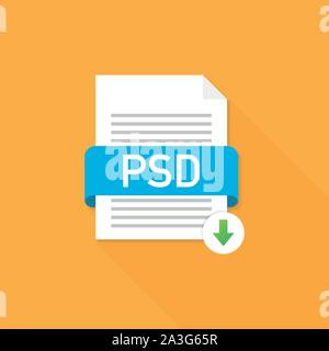 Download PSD button. Downloading document concept. File with PSD label and down arrow sign. Vector stock illustration. Stock Vector
