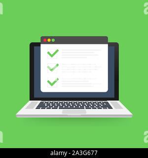 Checklist browser window. Check mark. White tick on laptop screen. Choice, survey concepts. Vector stock illustration. Stock Vector