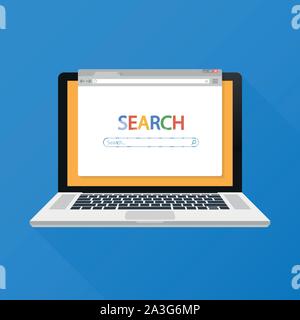 Simple browser window on laptop on blue background. Browser search. Vector stock illustration. Stock Vector