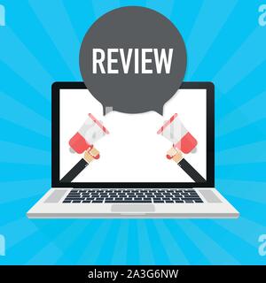 Laptop notebook computer screen. Hand holding megaphone. Review text in speech bubble. Vector stock illustration. Stock Vector