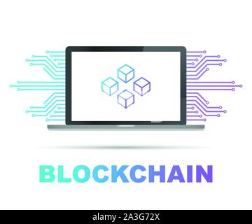 Blockchain icon on laptop screen, connected cubes on the display. Symbol of database, data center, crypto template, cryptocurrency and blockchain. Vec Stock Vector