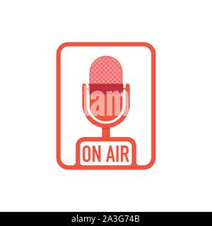 Podcast radio icon buttons set. Studio table microphone with broadcast text on air. Vector stock illustration. Stock Vector