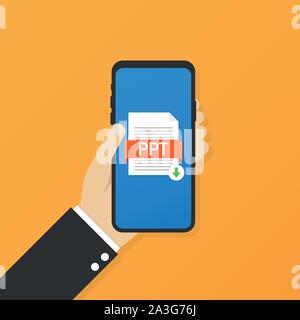 Download PPT button on smartphone screen. Downloading document concept. File with PPT label and down arrow sign. Vector stock illustration. Stock Vector