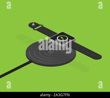 Wireless charging for smart watch. Innovative modern technological accessories. Vector stock illustration isometric flat design Stock Vector