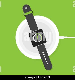 Wireless charging for smart watch. Innovative modern technological accessories. Vector stock illustration flat design Stock Vector
