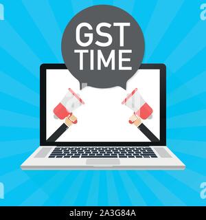 Laptop notebook computer screen. Hand holding megaphone. GST Time text in speech bubble. Vector stock illustration. Stock Vector