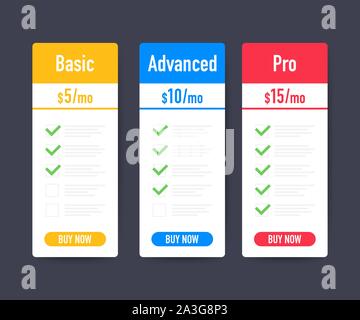 Set of clean price list. Three banners with tariffs. Flat web promo elements. Vector stock illustration. Stock Vector