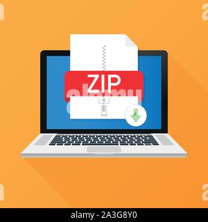 Download ZIP button on laptop screen. Downloading document concept. File with ZIP label and down arrow sign. Vector stock illustration. Stock Vector